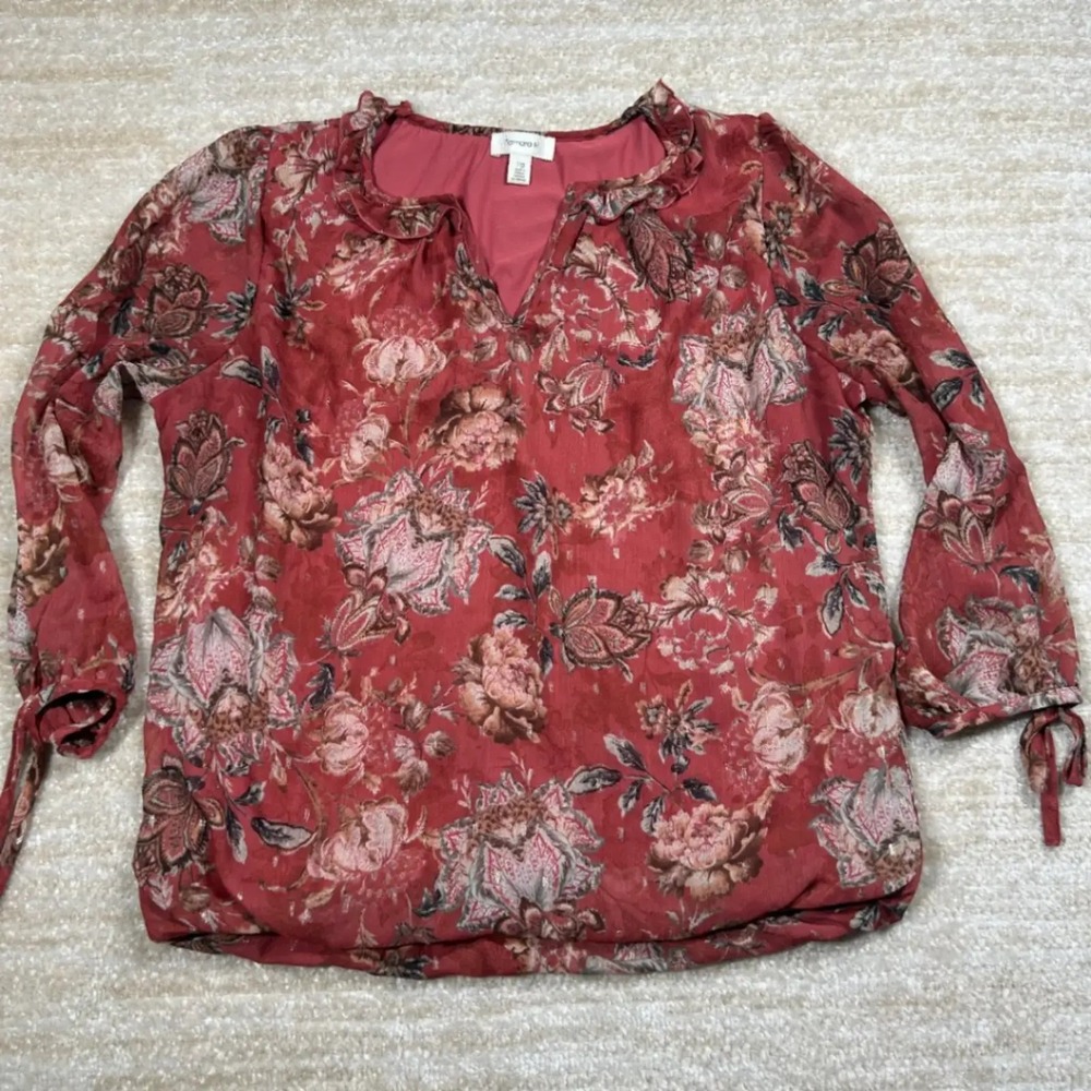 Tamara H Womens Large Floral Chiffon Blouse Red Gold Metallic Tie Sleeve Boho